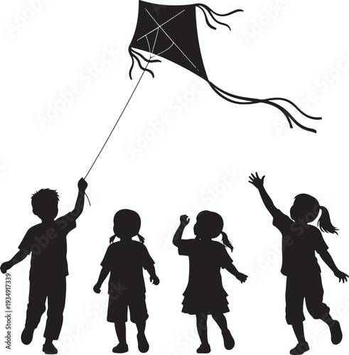 Group of happy children silhouettes running and playing while flying a large kite, depicting joyful outdoor activities and carefree childhood fun.