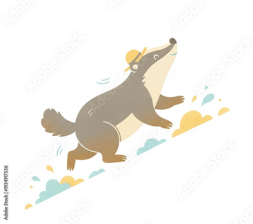 Cartoon badger wearing yellow hard hat dancing amidst abstract shapes and clouds