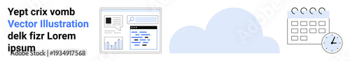 Cloud computing, data analytics, time management, digital organization, productivity, workflow management. Displays a cloud, analytics interface calendar and clock. Cloud computing and data