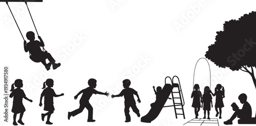 Diverse group of children silhouettes playing together in a park, enjoying swings, slides, and other recreational activities, representing joyful childhood and community.