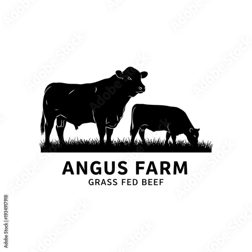 Cattle Angus cow and grass silhouette livestock farm logo design.