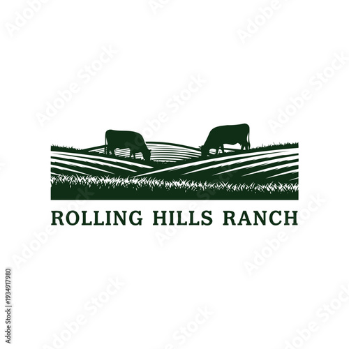 Rolling Hills Ranch logo with grazing cows on pasture and rural farmland emblem.