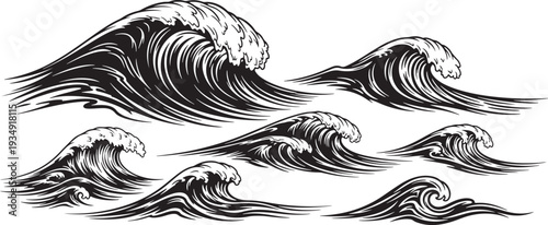 Dynamic Ocean Waves Silhouette Vector Set for Surf and Marine Designs: Powerful Crashing Sea Water Elements