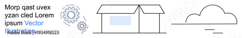 Automation, logistics, cloud storage, technology solutions, data sharing, industrial processes. Outline of a warehouse with gears and a cloud. Automation and logistics concepts
