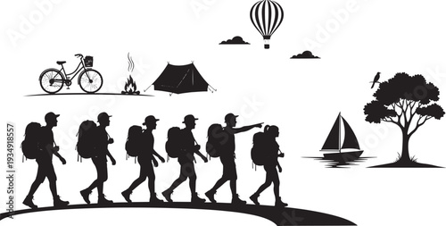 Diverse Outdoor Adventure and Camping Scene Silhouette with Travelers, Tent, Sailboat, and Hot Air Balloon