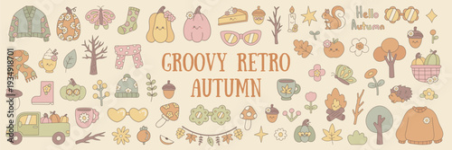 Retro groovy Autumn Fall Doodle Mega Pack, Cheerful Harvest & Cozy Vibes
