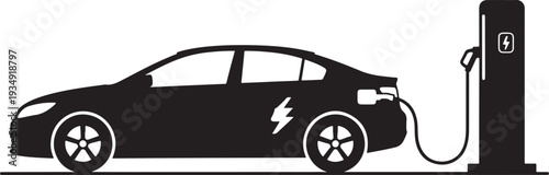 Electric Car Charging Station Silhouette: Modern EV Vehicle Powering Up for Green Transportation