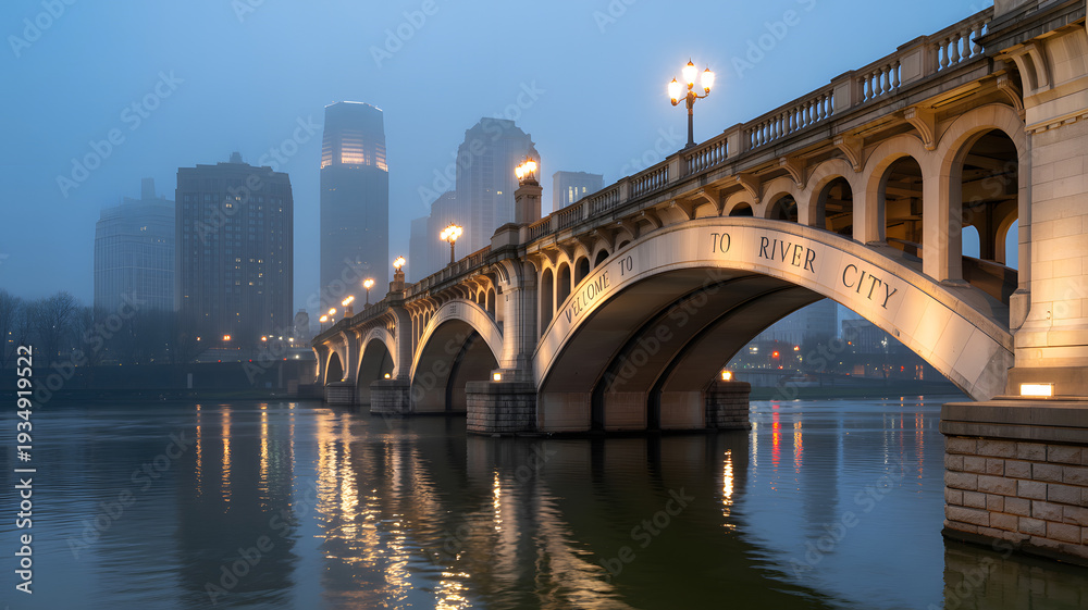 Fototapeta premium A serene cityscape at dusk featuring a historic bridge over a calm river with a stunning skyline in the background.
