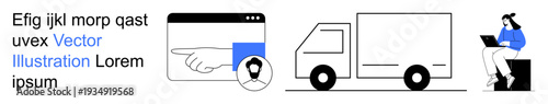 Online identity, logistics management, remote work, delivery services, transportation industry, digital technology. A hand points to a user profile, a truck and a person on a laptop. Online identity