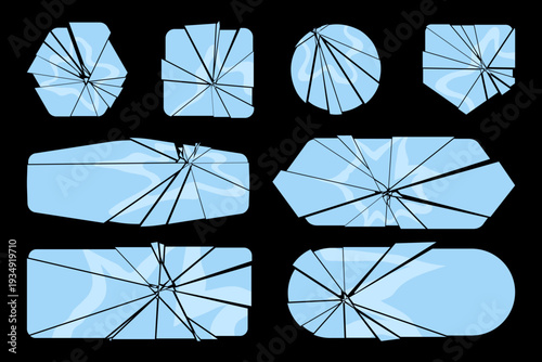 Broken glass buttons and frames set. Cracked blue crystal geometric shapes for game UI or web design. Vector illustration isolated on black background.