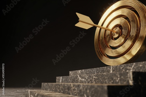 Golden Target on Steps: An arrow finds its mark at the center of a golden target, symbolizing the achievement of success. This image is taken on a black background, with an upward stairway