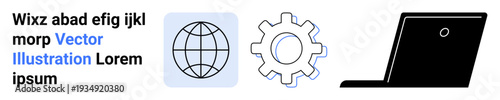 Technology, global communication, digital tools, software development, internet, modern systems. Globe, gear and laptop icons in minimalist style. Technology and global communication concept