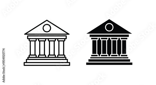 Classic temple facade structure icon design in two contrasting modern styles