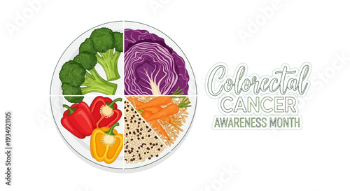 Colorful illustration of a plate divided into sections with various vegetables for Colorectal Cancer Awareness Month with a clean white background.