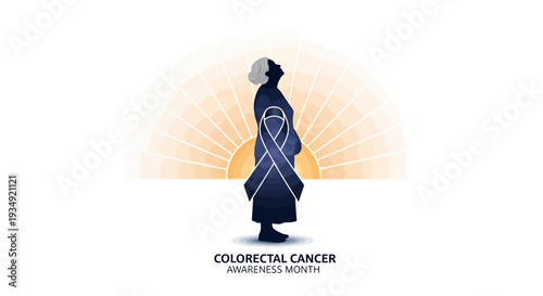 Illustration design for Colorectal Cancer Awareness Month featuring a blue ribbon on a dark blue dress with a peach sunburst background.