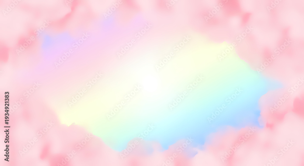 Fototapeta premium Soft pink clouds with pastel rainbow colors in sky
