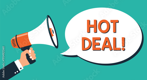 Business vector illustration of a hand holding a megaphone announcing a hot deal promotion.