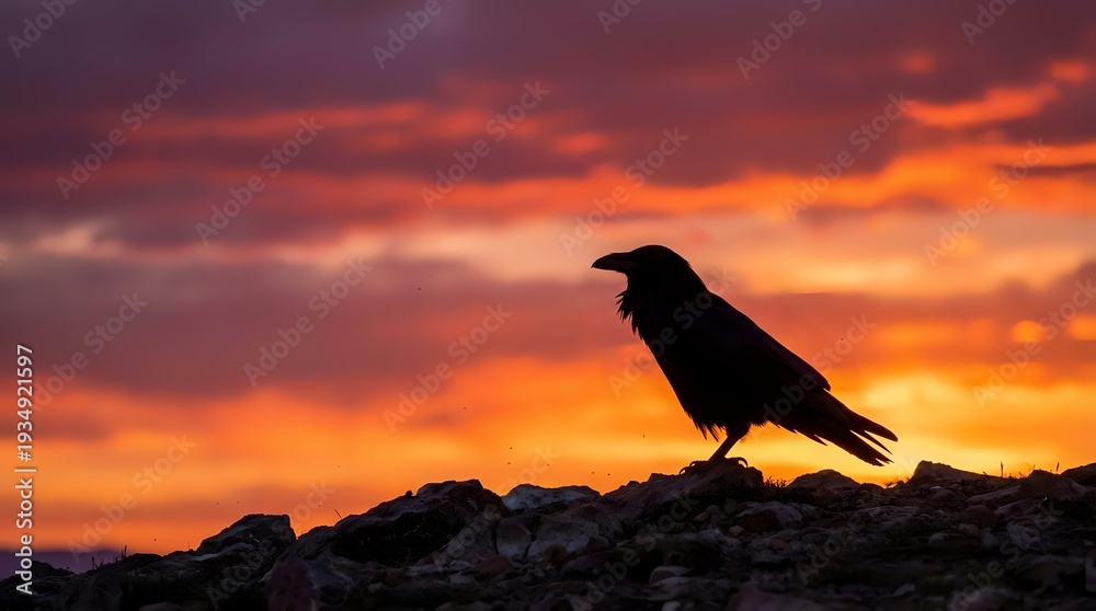 Naklejka premium Black raven silhouette perched on rocky surface against dramatic orange and purple sunset sky. Wildlife photography for nature themes and gothic designs.
