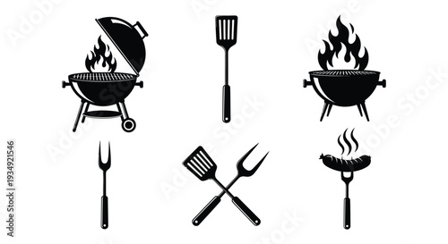 Collection of black and white vector graphic illustrations featuring various barbecue grilling tools and flaming kettles