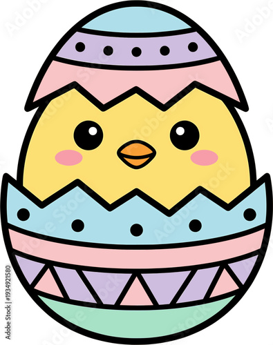 Cute kawaii yellow chick hatching from Easter egg vector