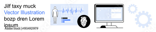 Digital healthcare, cardiology, telemedicine, data analysis, medical monitoring, information systems. Human figure alongside an EKG graph, heart icon and computer interface. Digital healthcare
