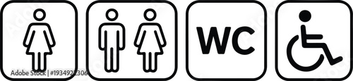 public restroom and washroom signage icon set with linear art featuring male female and disabled access symbols,