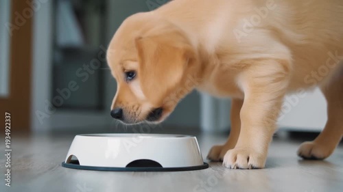 A golden retriever puppy eating from a bowl at home background.