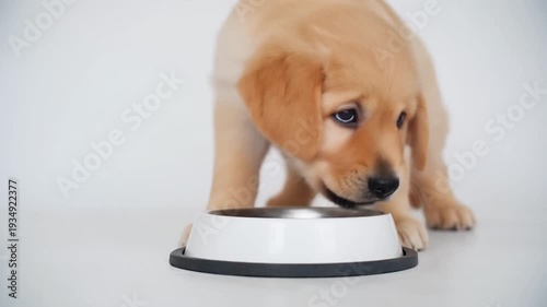 A golden retriever puppy eating from a bowl on a white background.