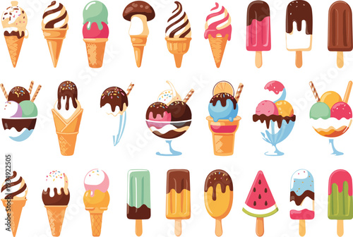ice cream and frozen dessert icon set featuring colorful popsicles gelato cones and sundae bowls for summer food branding,