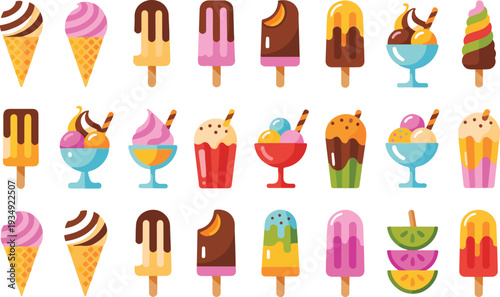 ice cream and frozen dessert icon set featuring colorful popsicles gelato cones and sundae bowls for summer food branding,