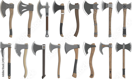 vector set of Viking battle axes and survival hatchets featuring various blade shapes and wooden handles for gaming and adventure design,