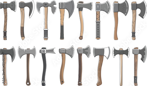vector set of Viking battle axes and survival hatchets featuring various blade shapes and wooden handles for gaming and adventure design,