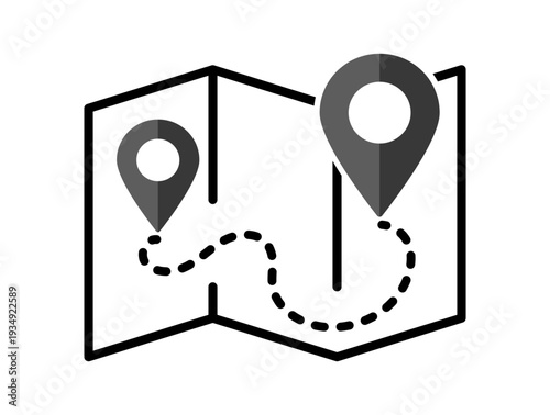 Navigation map with marker and pin showing geolocation point route path for travel direction and digital navigation interface on transparent background.