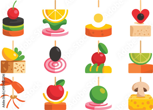 gourmet appetizer and party canapé icon set featuring various hors d'oeuvres on skewers for catering and restaurant menus,