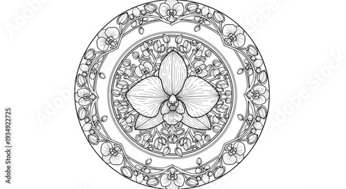 Elegant orchid flower illustration in a circular frame artistic design