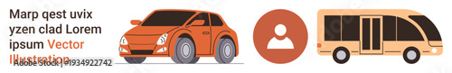 Transportation, commuting, urban mobility, user engagement, vehicle design, connectivity. Image includes a car, user icon and a bus side view. Transportation and urban mobility concept