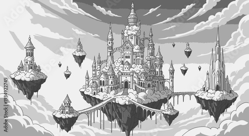Fantasy castle floating in the clouds illustration architectural design