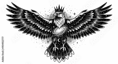 Majestic eagle with crown and universe design in black and white