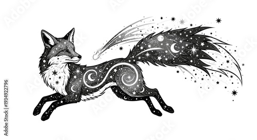 Stylized black and white fox illustration with stars and celestial elements