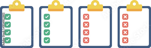 clipboard checklist icon set with green check marks and red cross marks for task management and surveys,
