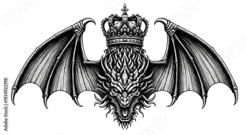 Dragon with crown regal fantasy illustration in black and white