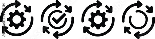 system update and process workflow icon set with circular arrows gear and check mark symbols for software development,
