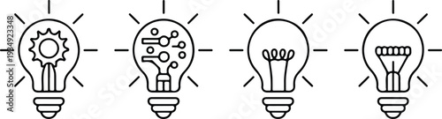 lightbulb idea icon set with linear art featuring glowing bulbs and gear symbols for creative innovation and brainstorming,