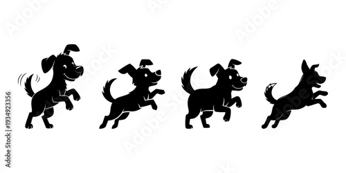 Playful Dog Silhouettes Action Poses Black and White Vector Set