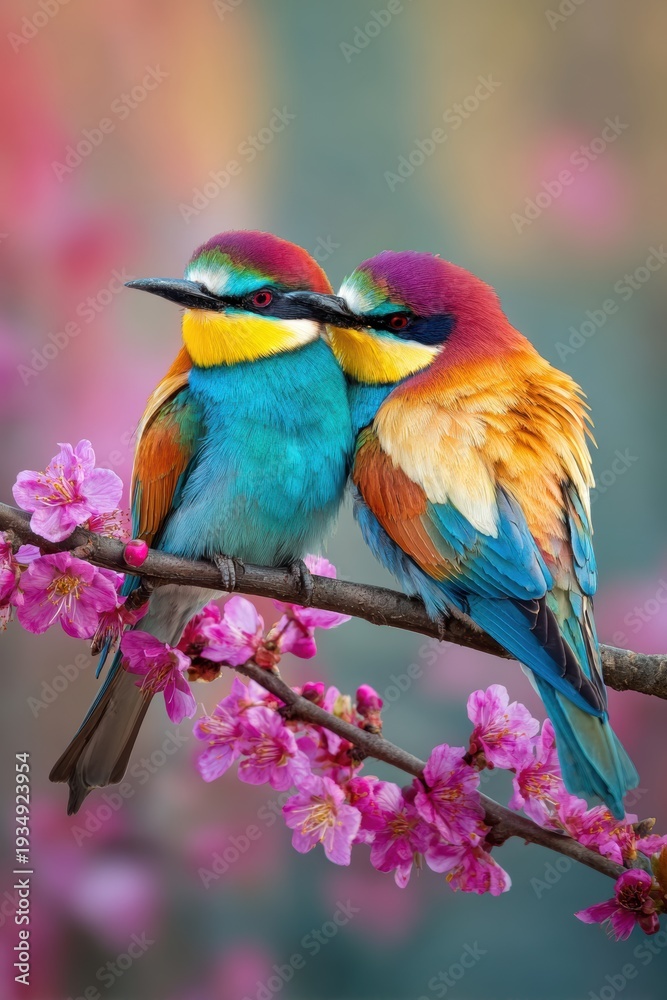 Fototapeta premium Romantic love theme for Valentines Day. Two vibrant European beeeater birds perched atop a branch adorned with delicate pink blossoms. The birds feathers are a mix of blues, purples.