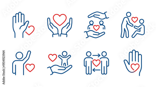 Kindness care vector icon set with eight compassion symbols featuring hands, hearts, support, love, empathy, caregiving, protection, assistance, emotional wellbeing, family, community design