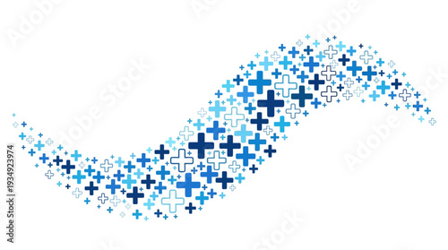 Abstract healthcare vector background with dynamic blue plus signs wave pattern, medical positivity design, wellness illustration, modern flow concept for branding, mathematics, hospitals, clinics