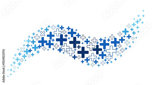 Abstract healthcare vector background with dynamic blue plus signs wave pattern, medical positivity design, wellness illustration, modern flow concept for branding, mathematics, hospitals, clinics