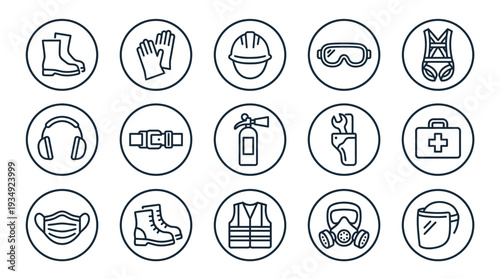 Personal protective equipment vector icon set with 16 circular safety symbols including boots, gloves, helmet, goggles, harness, fire extinguisher, first aid kit, mask, shield