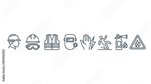 Workplace safety vector icons set featuring helmet, goggles, vest, welding mask, electrical hazard, slip warning, shield protection, fire extinguisher, hazard flame for industrial safety design